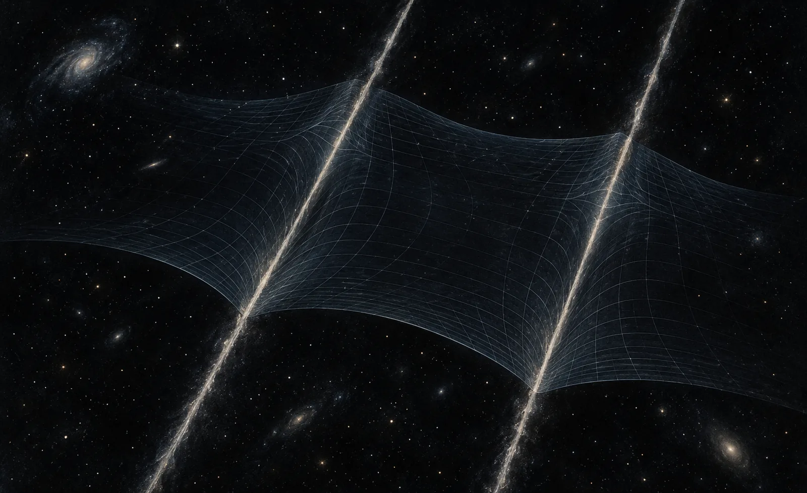 Conceptual illustration of two hypothetical cosmic strings and a curved spacetime grid.