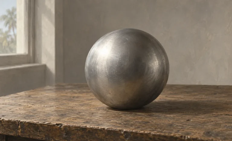Illustration of a plain metal sphere resting on a wooden table