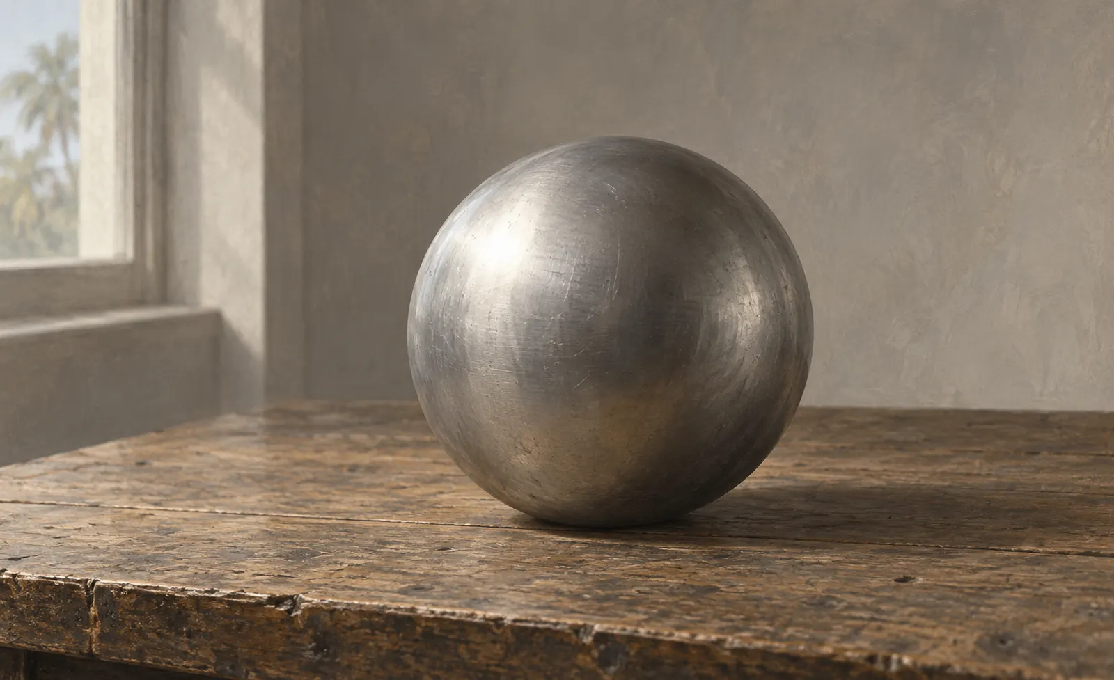 Illustration of a plain metal sphere resting on a wooden table