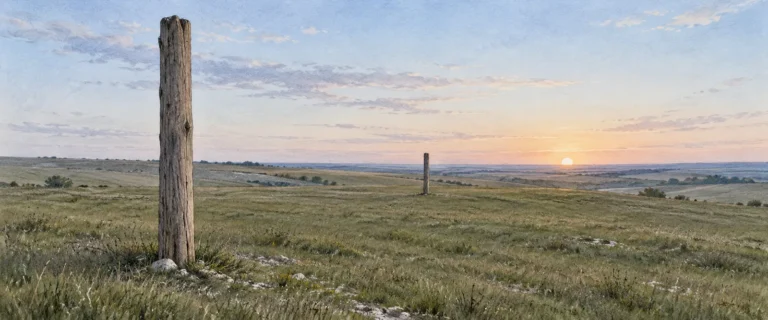 Illustration of two wooden posts aligned toward a low rising Sun