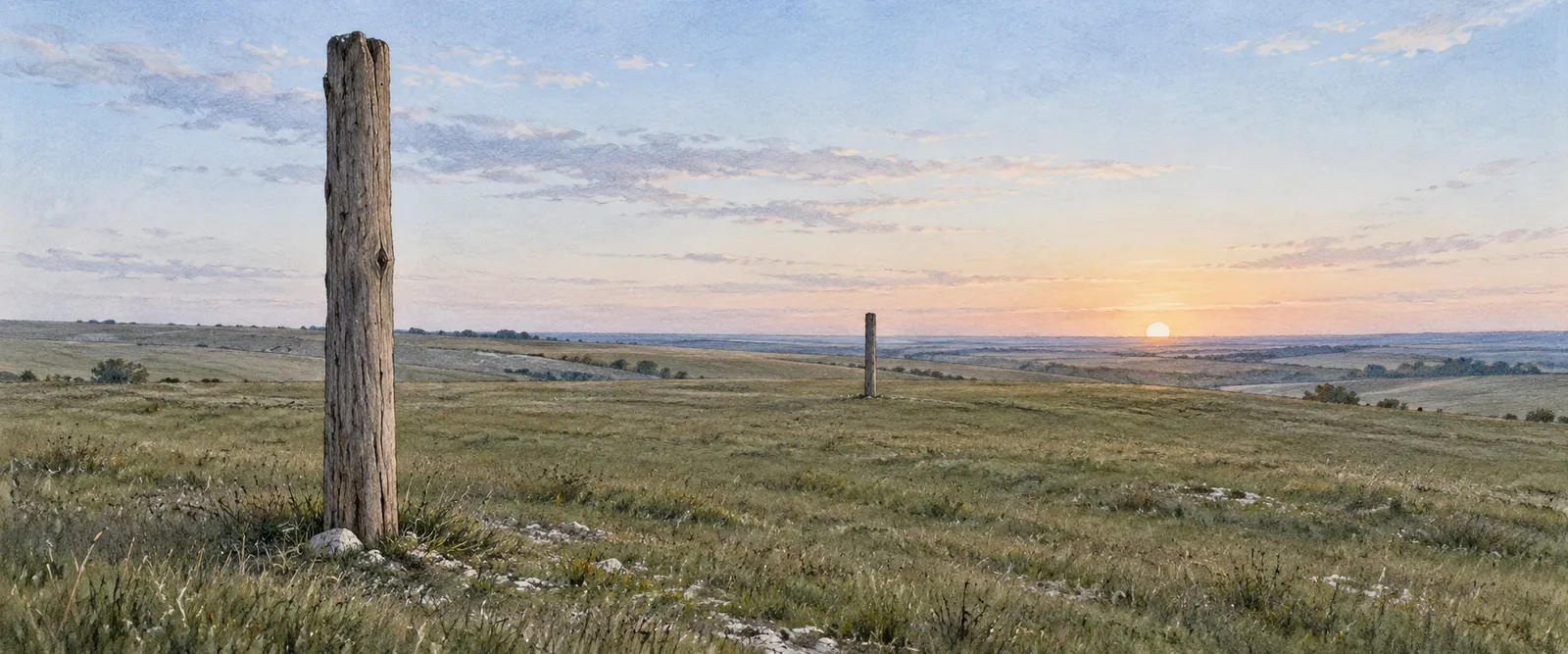 Illustration of two wooden posts aligned toward a low rising Sun