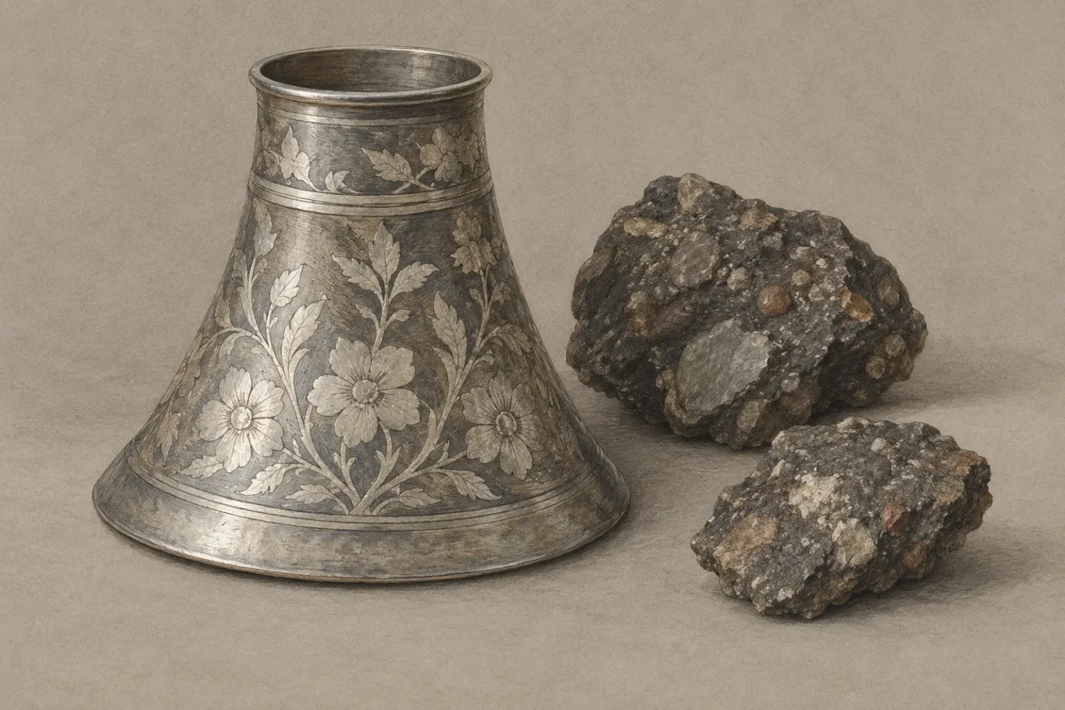 Illustration of a floral metal vessel beside pieces of conglomerate rock