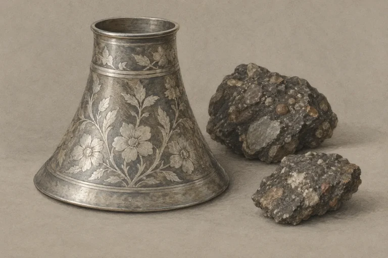 Illustration of a floral metal vessel beside pieces of conglomerate rock
