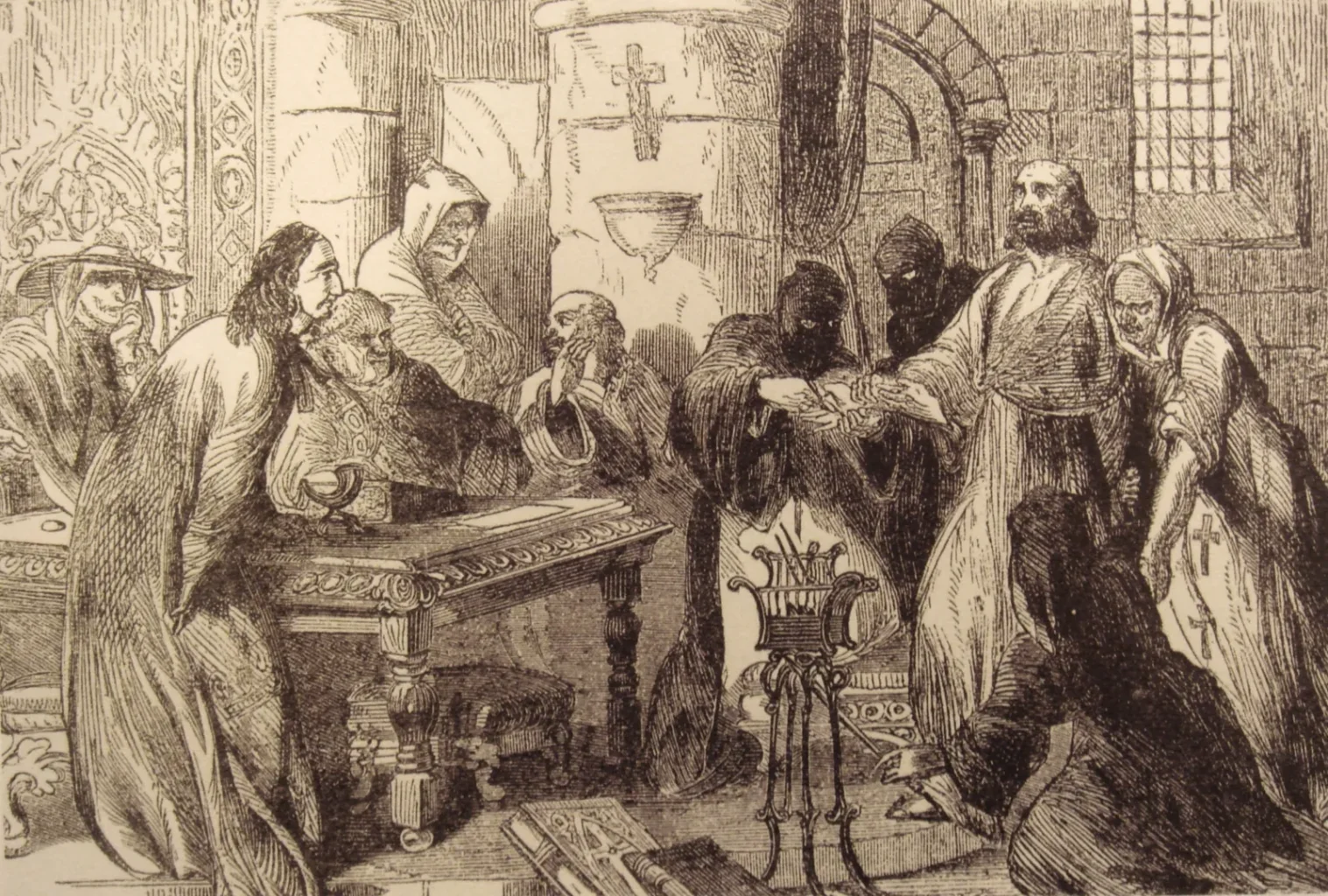 Nineteenth-century engraving imagining the interrogation of Jacques de Molay