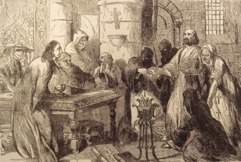 Nineteenth-century engraving imagining the interrogation of Jacques de Molay