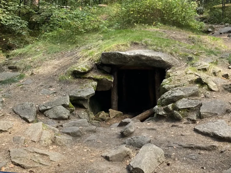Stone entrance to Megalith No. 1 on Vera Island, surrounded by woodland