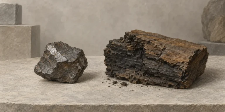 Illustration of an iron fragment beside a piece of lignite