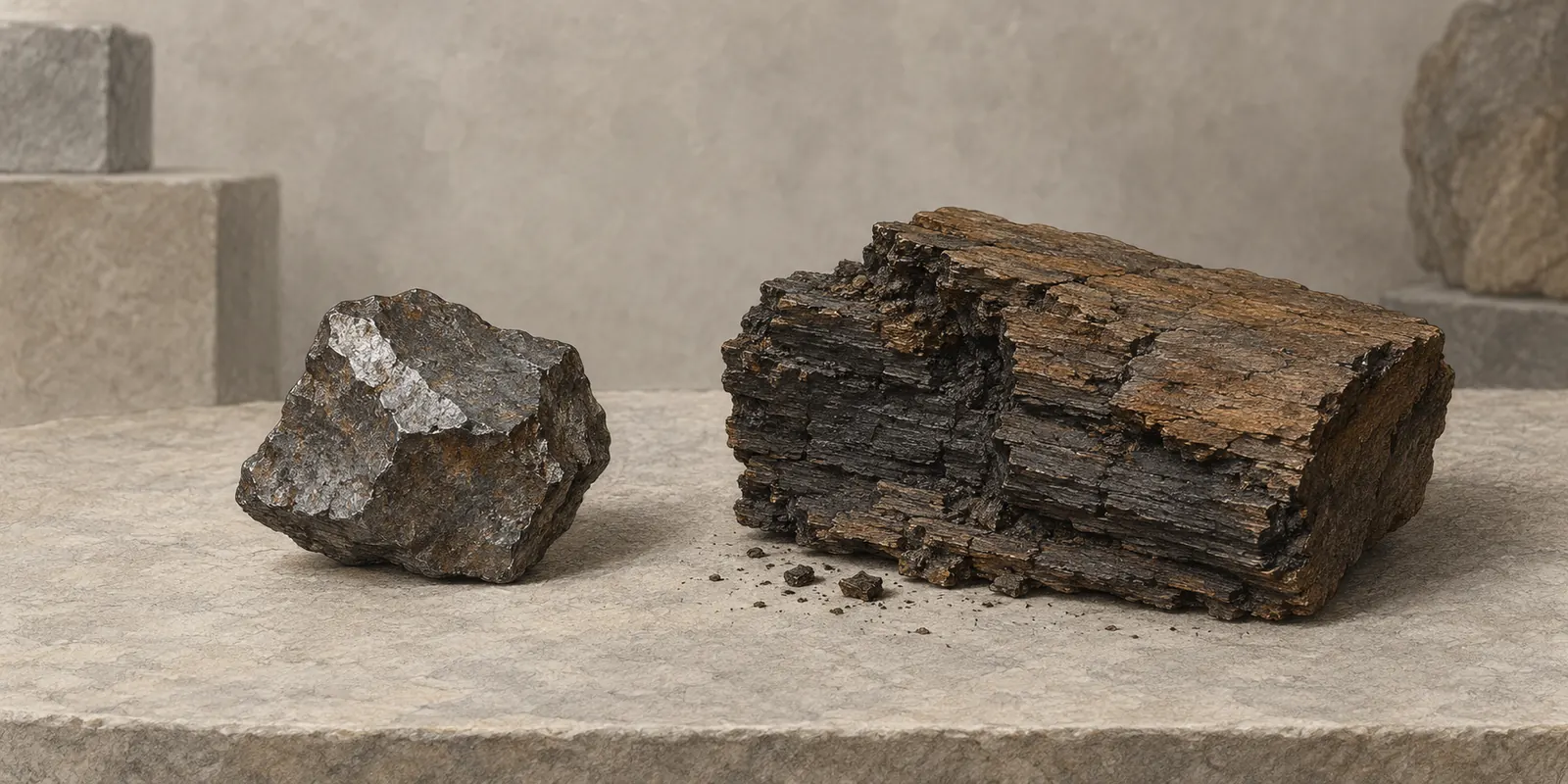 Illustration of an iron fragment beside a piece of lignite