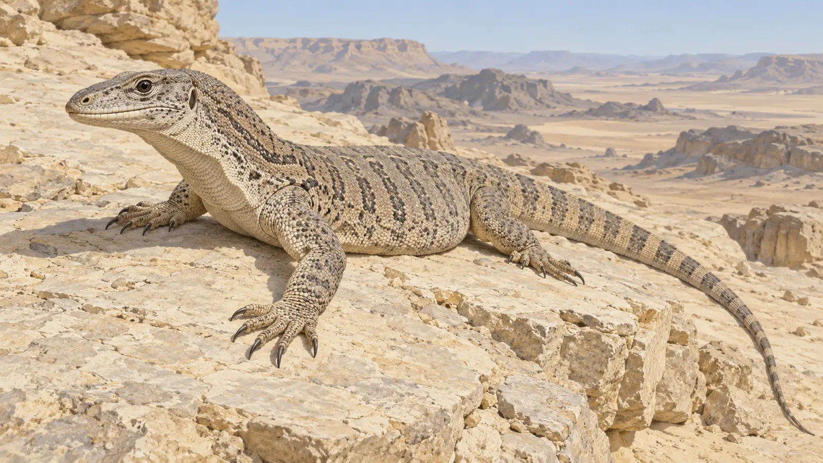 Illustration of a desert monitor lizard resting on sandstone, with its forefoot visible.