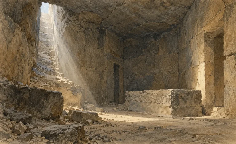 Illustration of a limestone chamber lit through an opening above.