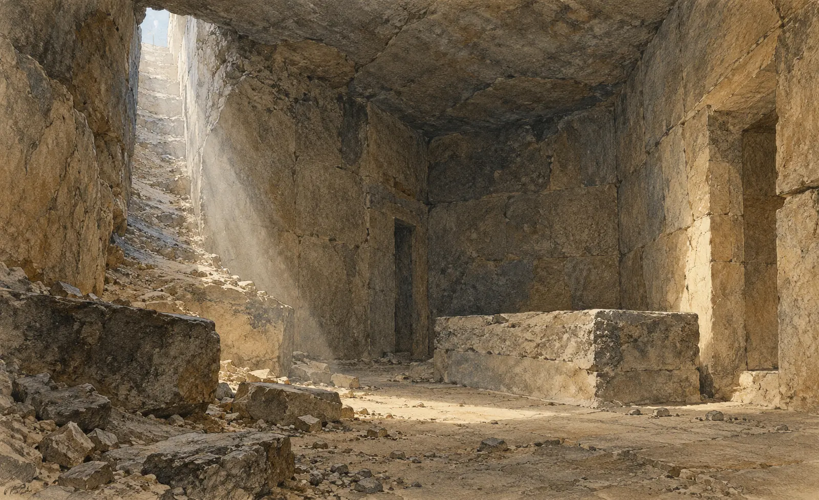 Illustration of a limestone chamber lit through an opening above.