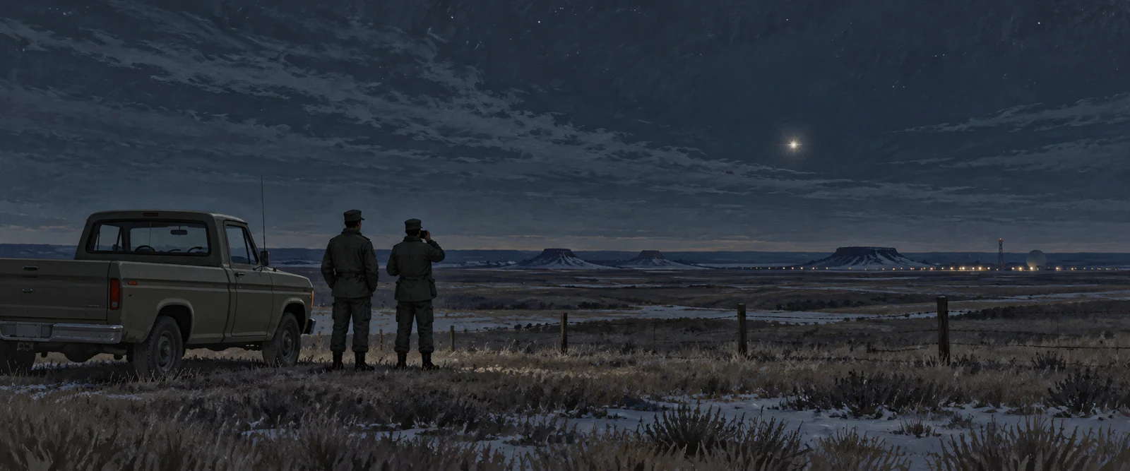Illustration of two guards beside a pickup on a prairie beneath a distant light at night.