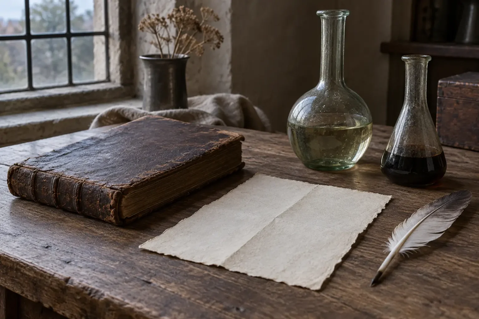 Illustrated early modern writing table with a leather notebook, blank paper, quill and glass vessels.
