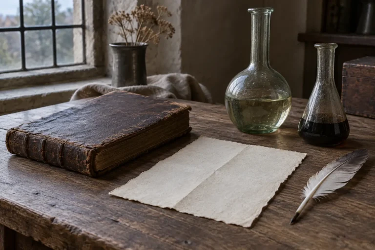 Illustrated early modern writing table with a leather notebook, blank paper, quill and glass vessels.