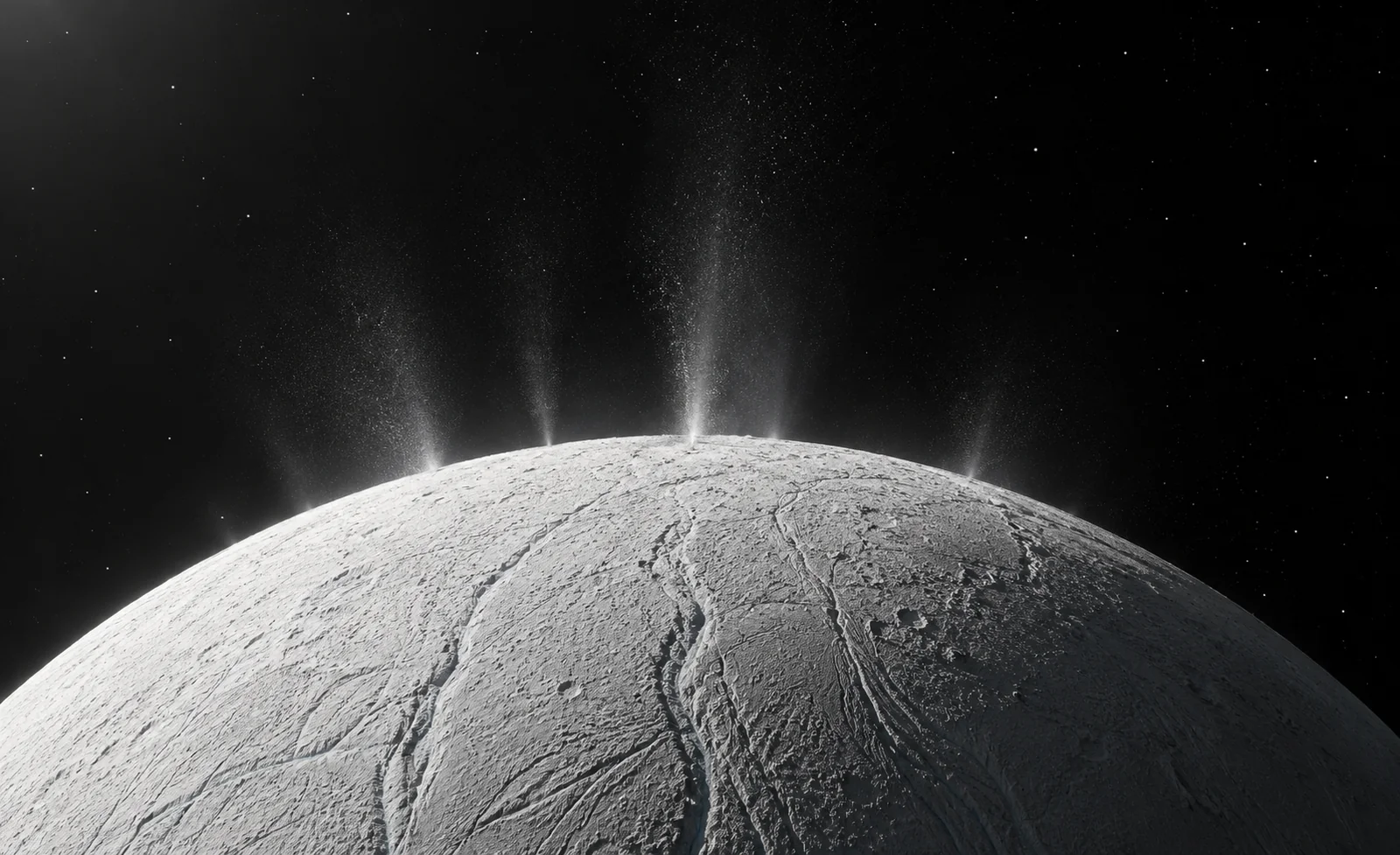 Illustration of narrow ice plumes rising from Enceladus’ fractured south polar surface