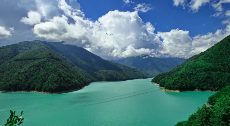The Enguri River flowing through a steep wooded valley in Georgia.