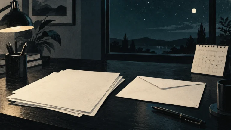 Illustration of an envelope and blank papers beside a calendar on a desk.