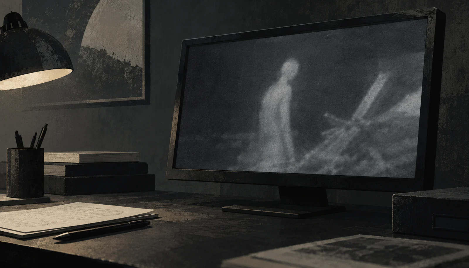 Illustration of a video monitor displaying an indistinct pale human-shaped figure.