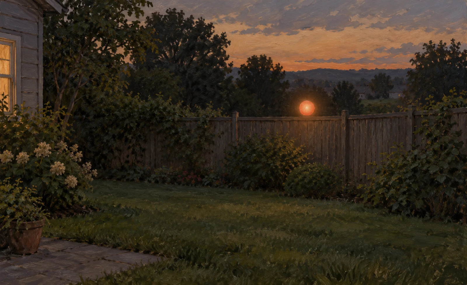 Illustration of a small orange orb hovering beside a garden fence at dusk