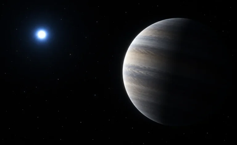 Illustration of a gas giant lit by a distant blue-white star