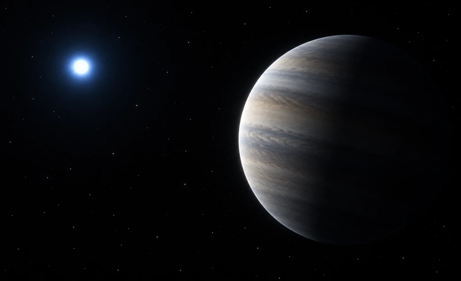 Illustration of a gas giant lit by a distant blue-white star