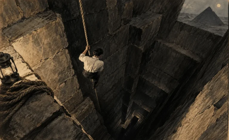 Illustration of a bound escape artist suspended in an imagined Egyptian shaft.