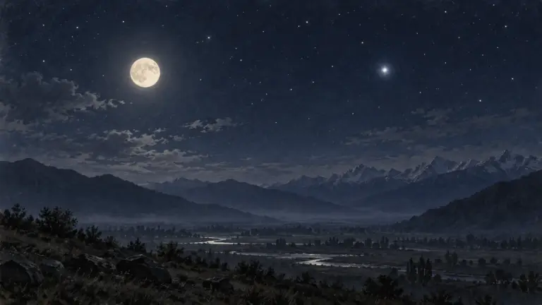 Illustration imagining the Moon and a bright star above a mountain valley in Kashmir.
