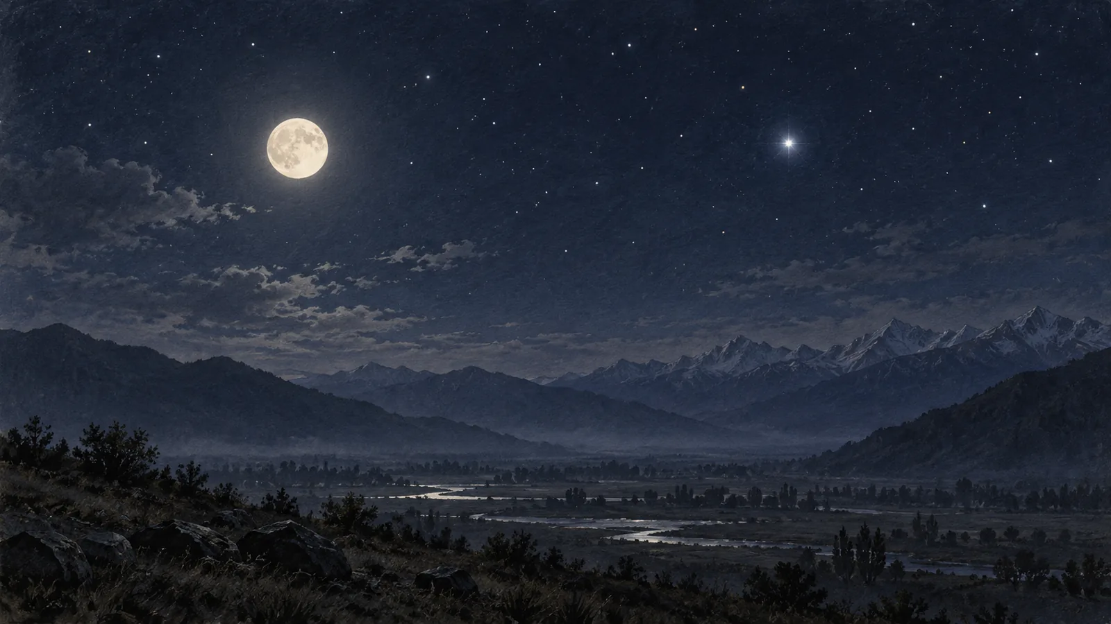 Illustration imagining the Moon and a bright star above a mountain valley in Kashmir.