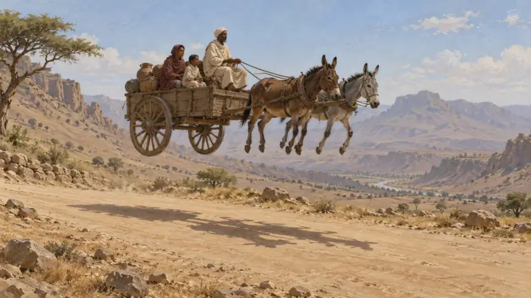 Illustration of a wooden cart and pack animals suspended above a desert road, inspired by the Kebra Nagast