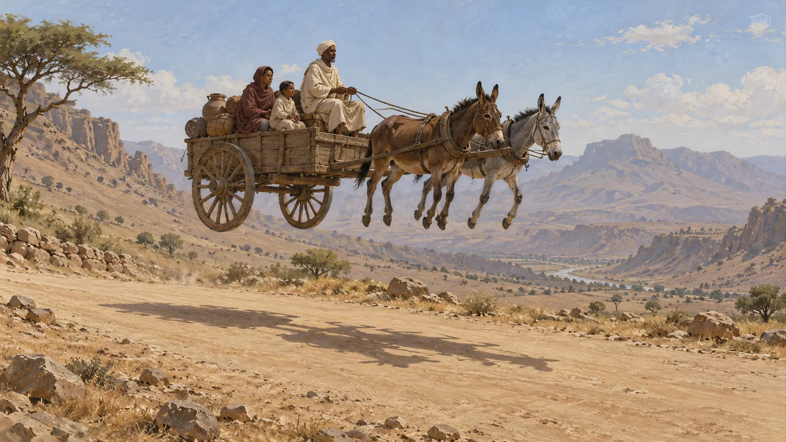 Illustration of a wooden cart and pack animals suspended above a desert road, inspired by the Kebra Nagast