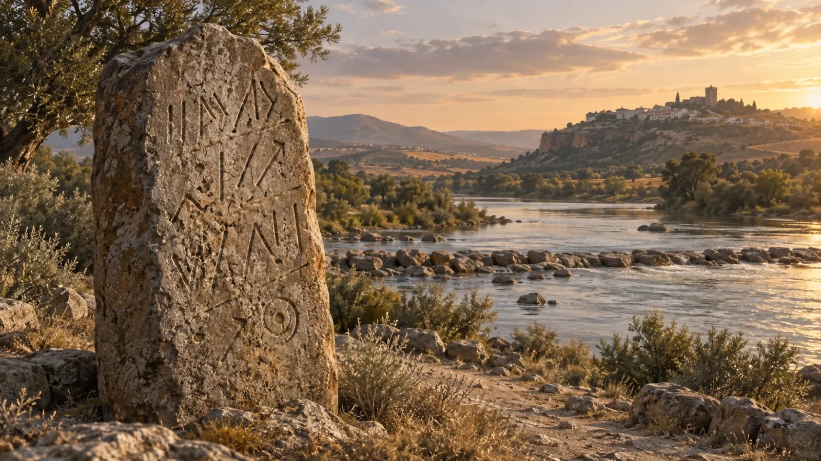 Interpretive illustration of an engraved Iberian stela beside a river crossing