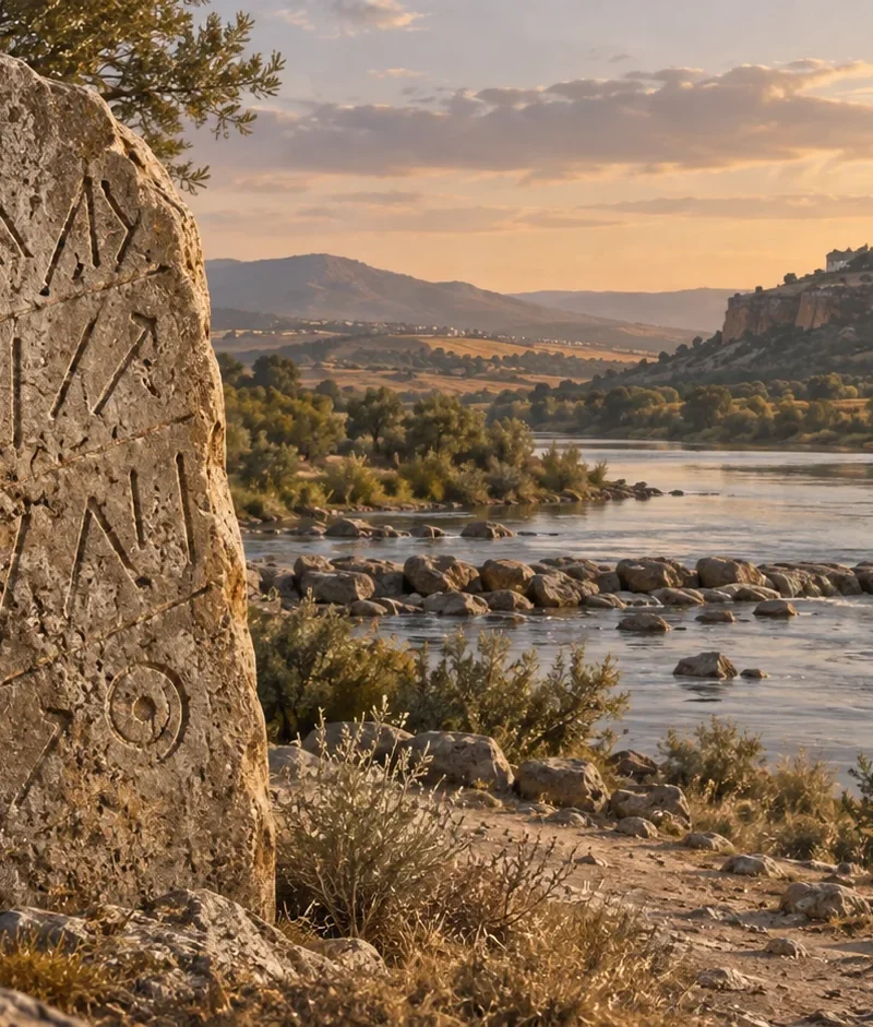 Interpretive illustration of an engraved Iberian stela beside a river crossing
