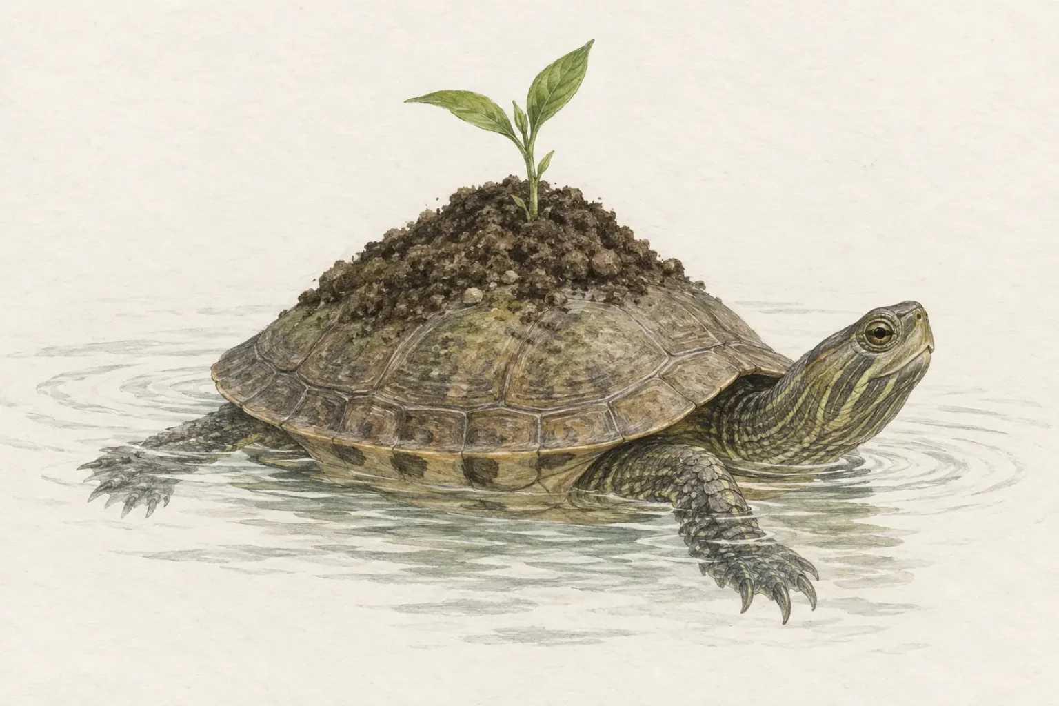 Watercolor illustration of a freshwater turtle supporting earth and a young plant on its shell.