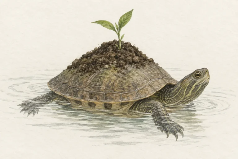 Watercolor illustration of a freshwater turtle supporting earth and a young plant on its shell.