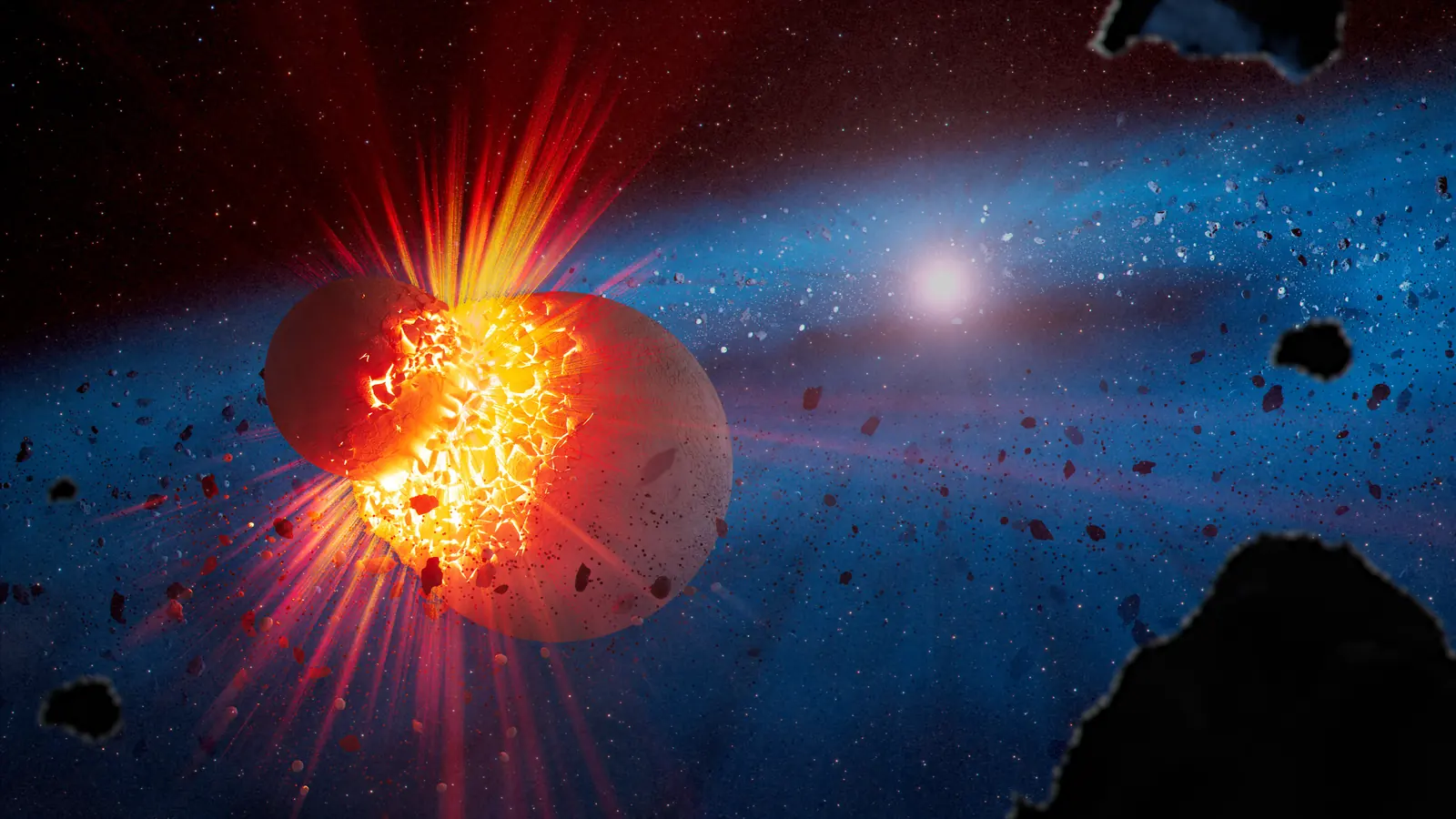 Illustration of two rocky planetary bodies colliding amid a blue dust ring around a star.