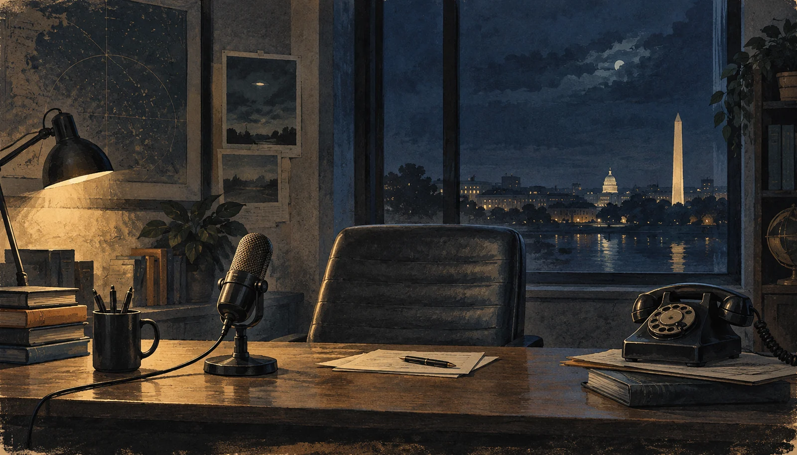 Illustration of a microphone, telephone and empty chair overlooking Washington at night.